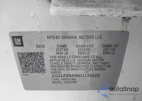 2019 Chevrolet Impala Lt из США, поврежденный, VIN 1G11Z5SA9KU134023